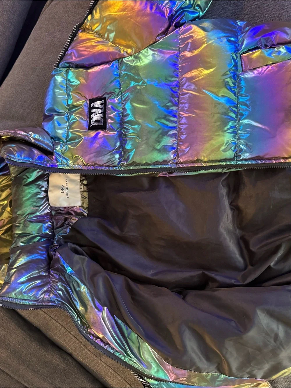 Iridescent Rainbow Puffer Jacket with DNA Patch
